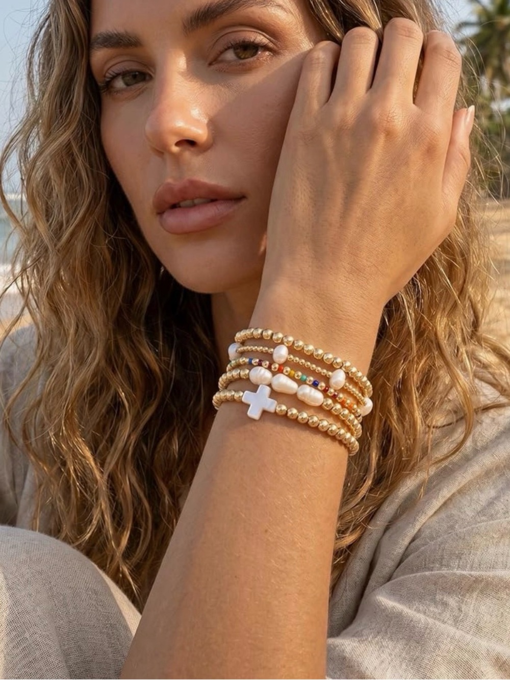 Gold Pearl Stackable Beaded Bracelet Set with White Cross Accent - Picture 9 of 14